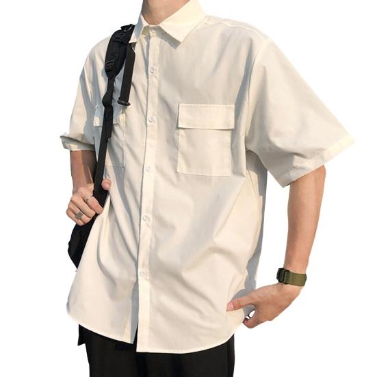 Wiosenna męska koszula cargo z kołnierzykiem, zapinana na jeden rząd guzików, luźna, krótka, w jednolitym kolorze, z kołnierzykiem i rękawami, odzież uliczna, robocza, do dojazdów, do biura, top