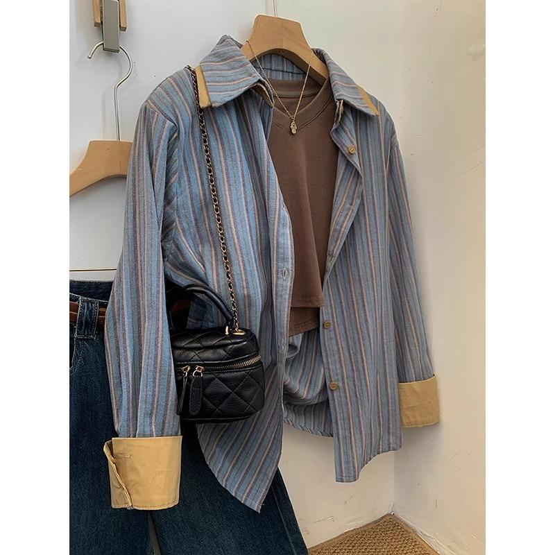 

Blue striped long-sleeved shirt women s spring and autumn design sense niche autumn top high-end sense shirt jacket S