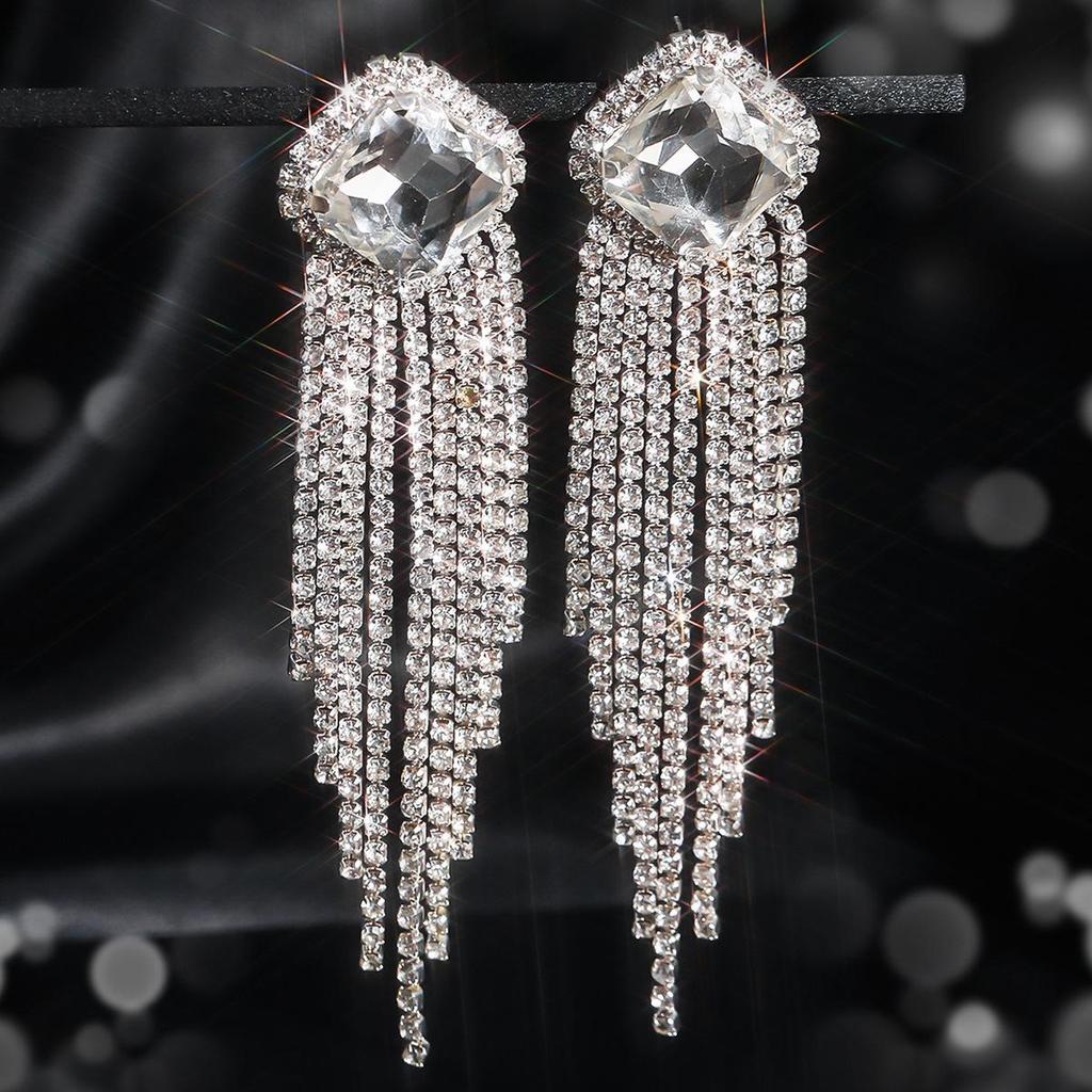 European & American Luxury Long Tassel Earrings: Sparkling Diamond & Crystal Studs for Women