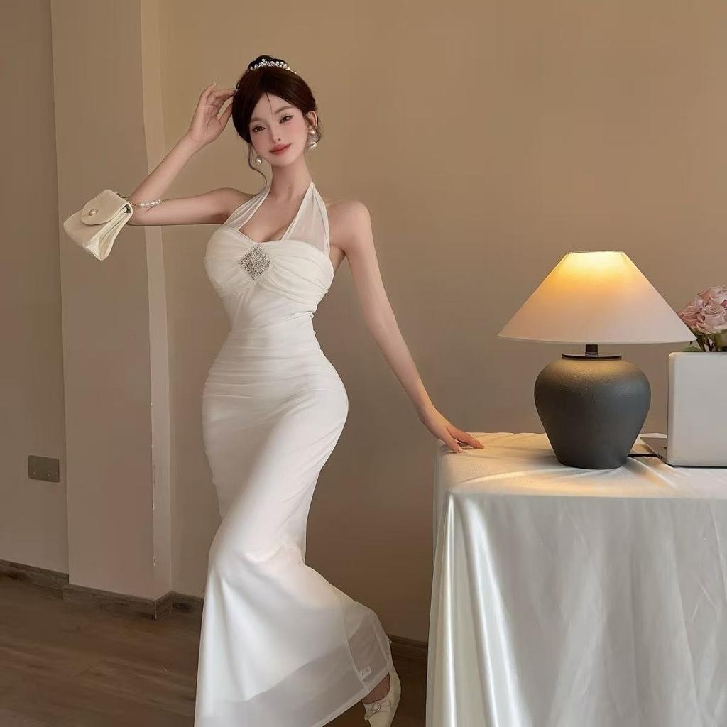 French niche fashion design sense pure desire neck sexy long dress low cut mesh style dress summer
