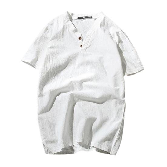 

Men T-shirt Short Sleeves V Neck Button Solid Color Slim Fit Cotton Linen Summer Casual Male Tee Shirt Top Daily Wear 3XL білий