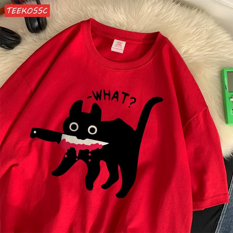 

Летние хлопковые женские футболки с принтом удивленного черного кота, уличная одежда, дышащие, оверсайз, с круглым вырезом, повседневные, уличные, женская одежда S