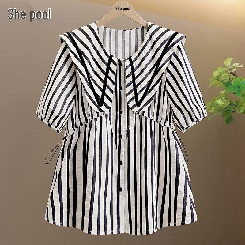 Women s Striped Color-Block Lapel Shirt L