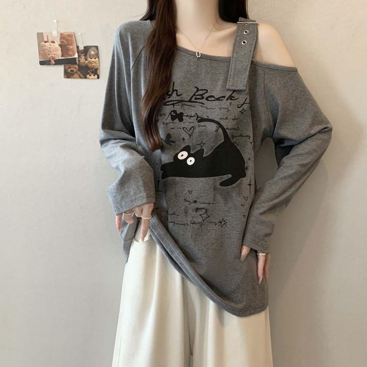 

Plus Size Asymmetrical Cartoon Print Long Sleeve T-shirt - Women s Spring/Autumn Loose Slimming Top 3XL (161-180 jin) серый