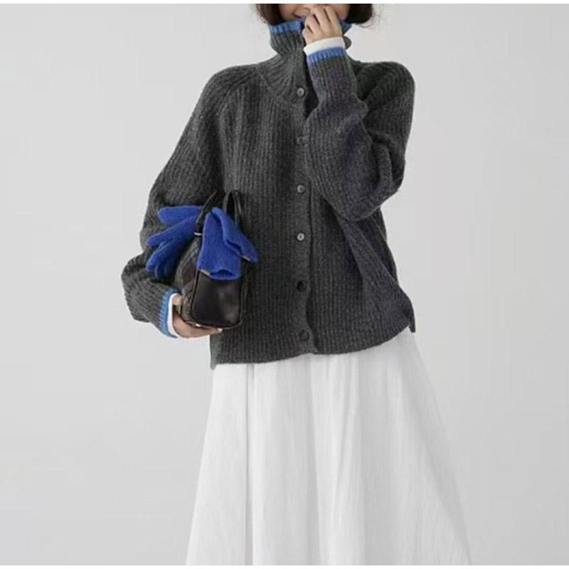 Contrast Knitted Cardigan Women Elegant Stand Collar Thicken Long Sleeve Single Breasted Lady Jumper 2025 Spring New Knitwear