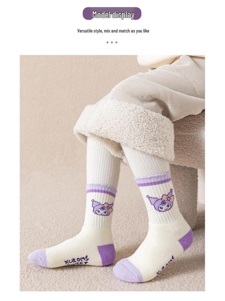 Kuromi Girls' Thick Winter Cotton Socks - Plus Velvet, Warm Terry for Autumn & Winter