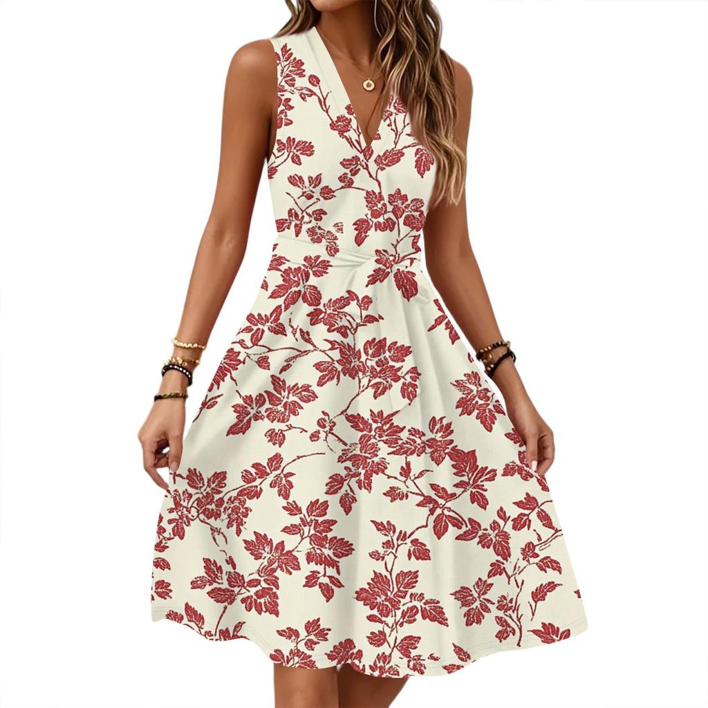 Women's Spring Summer Casual V Neck Sleeveless Waist Floral Print Midi Dress