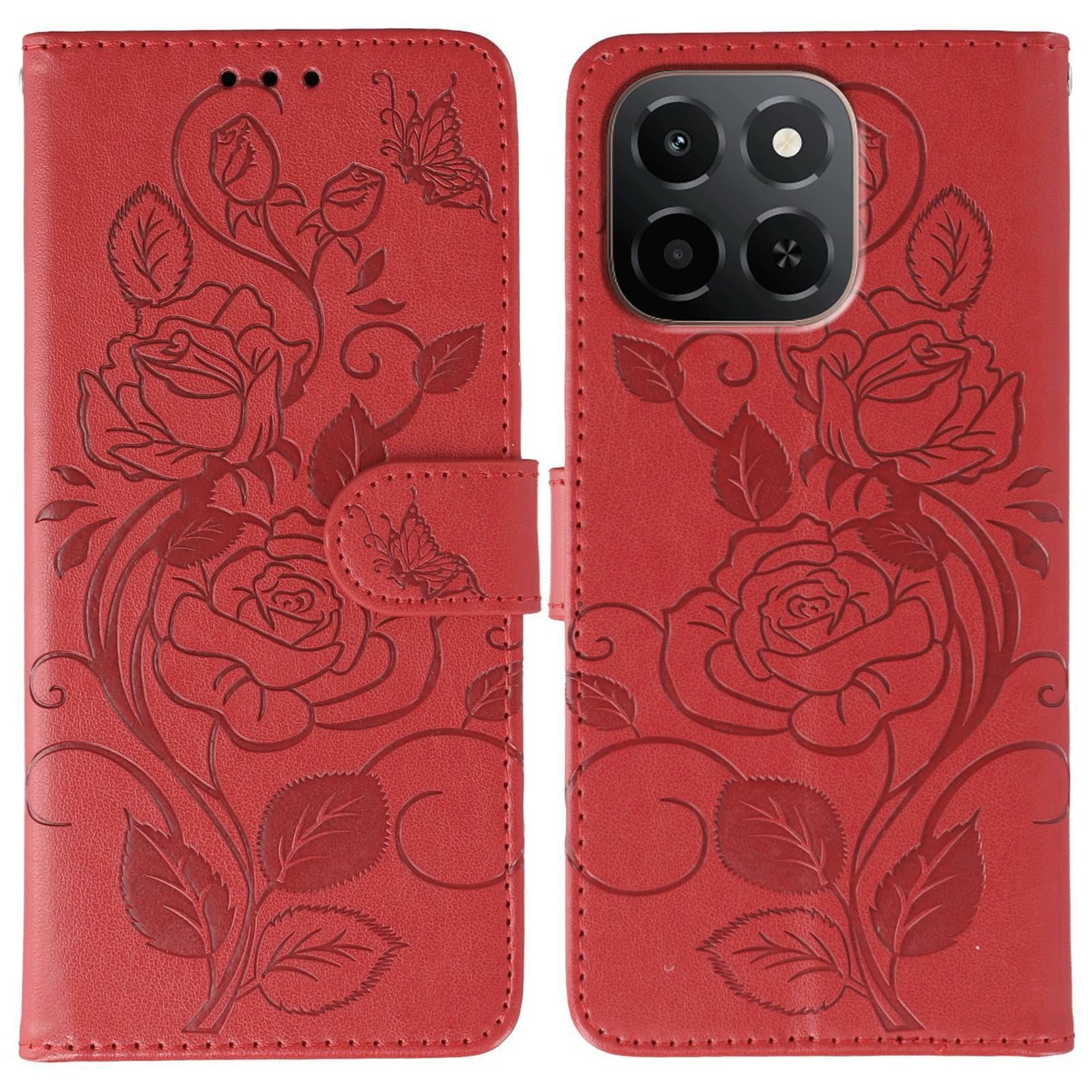 

Для Honor X6c 4G Чехол Кошелек Подставка Тисненая Роза Бабочка PU Кожа Чехол для Телефона Red