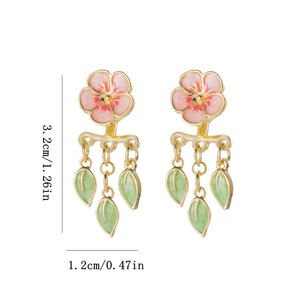 Stereo Peach Blossom Leaf Bordered Dangle Earrings, Alloy Baking Paint Bohemian Japanese And Korean Cute Style Drop Earrings For Women
