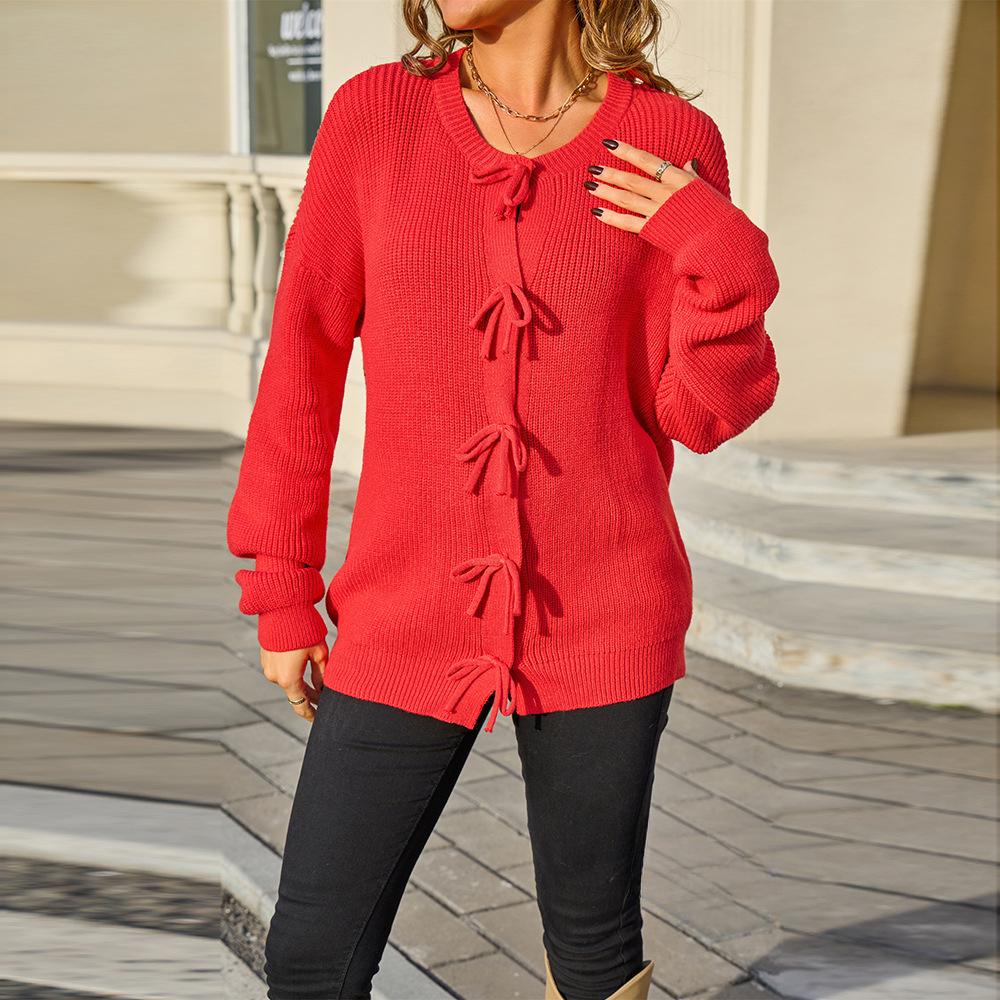 

Новый осенне-зимний стиль: топ с круглым вырезом и пуговицами-бантами, вязаный свитер однотонной расцветки с длинными рукавами, свитер для женщин XL красный