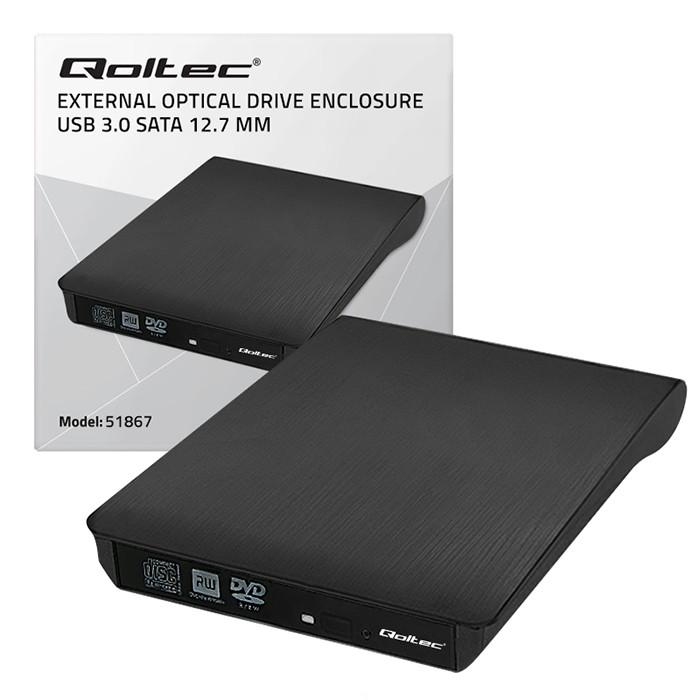 Qoltec Custodia/alloggiamento per unità ottica CD/DVD SATA | USB 3.0 | 12,7 mm | cavo integrato