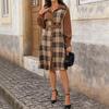 100% Clothing: 2025 Retro Plaid Patchwork Dress with Turn-Down Collar - New European & American Autumn/Winter Workplace Style.