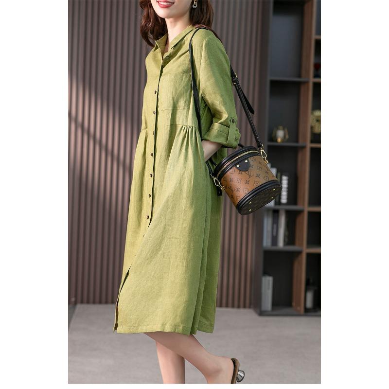 2026 Lockeres Freizeit-Hemdblusenkleid Sommer Neu Koreanische Mode Einreihig Büro Einfache Kleider Revers Tasche Einfarbig Sieben-Viertel-Ärmel Süß Elegant