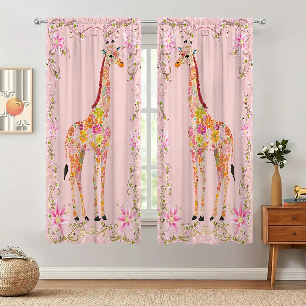 2pcs Pink Giraffe Background Printed Curtain for Home Decor - Rod Pocket Window Treatment for Bedroom, Office, Kitchen