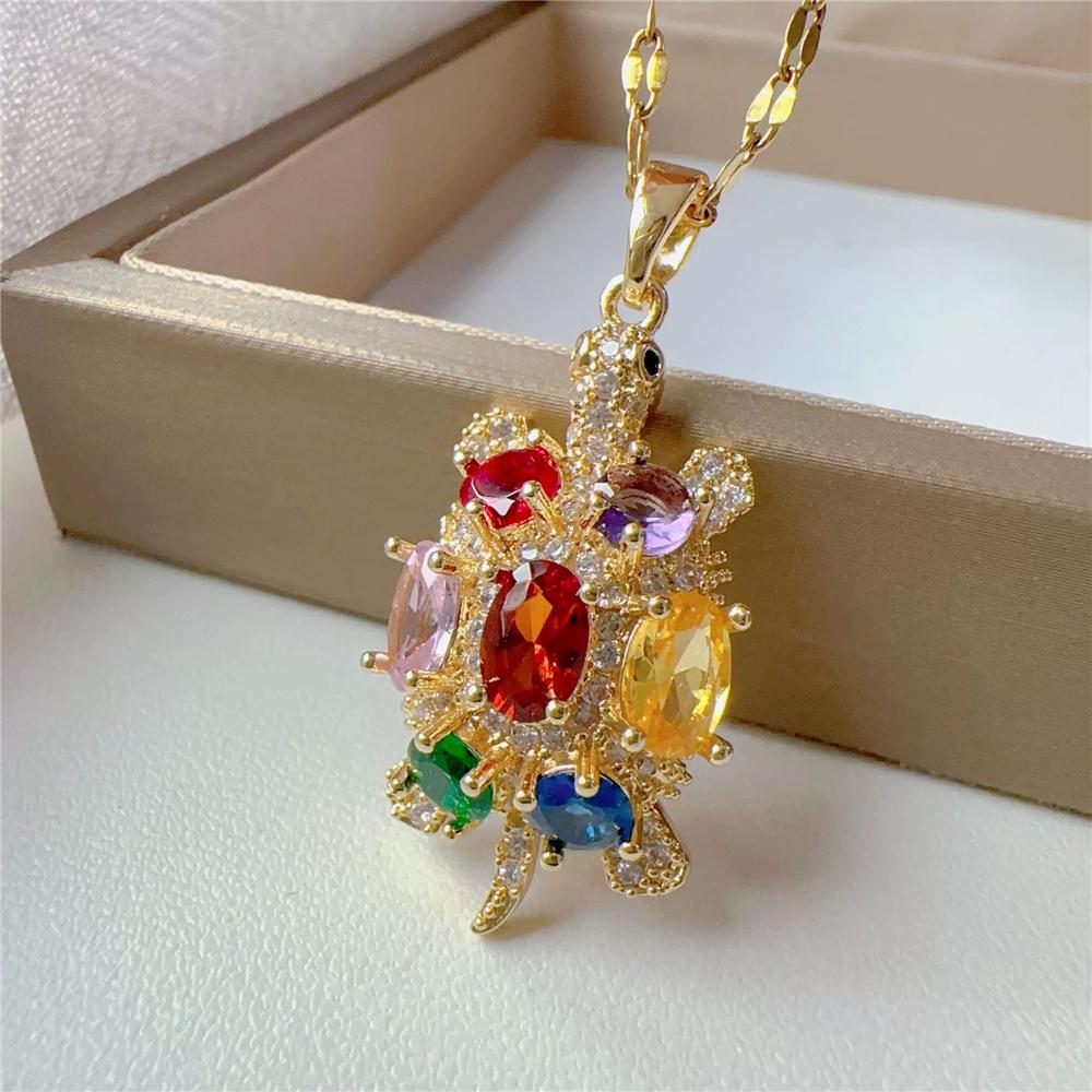 Cute Female Rainbow Zircon Stone Pendant Necklace Vintage Gold Color Wedding Jewelry For Women
