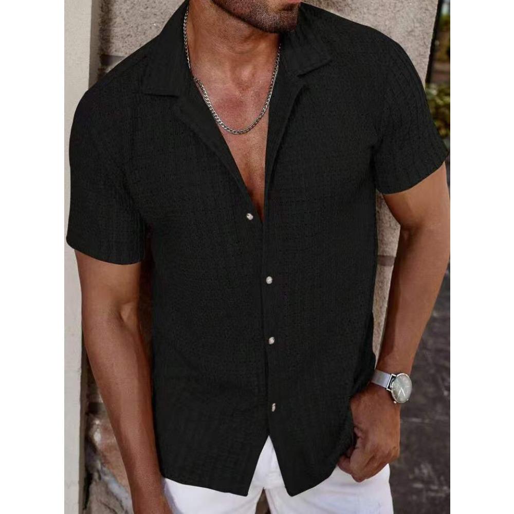 Men's Casual Knitted Shirt for Summer New Solid Color Lapel Hollow Breathable Short-sleeved Top