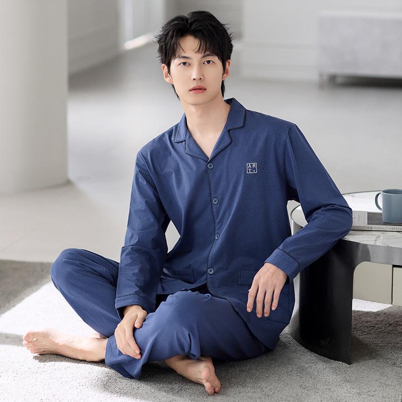 Pajamas Men'S Spring And Autumn Pure Cotton Long-Sleeved Autumn Plaid High-End Sense Can Be Worn Outside Qingzhong Spring Loungewear Suit