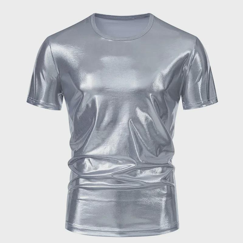 

Men s Shiny Stage Style Short Sleeve Round Neck T-Shirt XL срібний