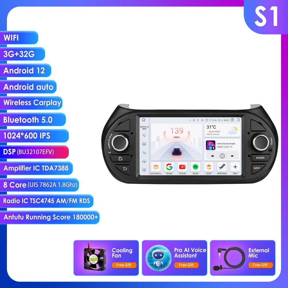 OSSURET Intelligent Carplay 4G RDS 7'' 7862 AI 2din Android 13 Car Radio for Fiat Fiorino /Citroen Nemo / Peugeot Bipper GPS Multimedia Video Player