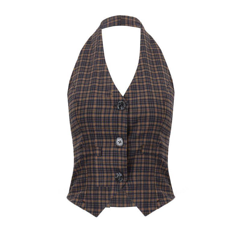 

Ins European and American Women s Clothing 2025 Autumn New Street Style Retro Plaid Cardigan Button Halter Neck Tank Top Dark brown S