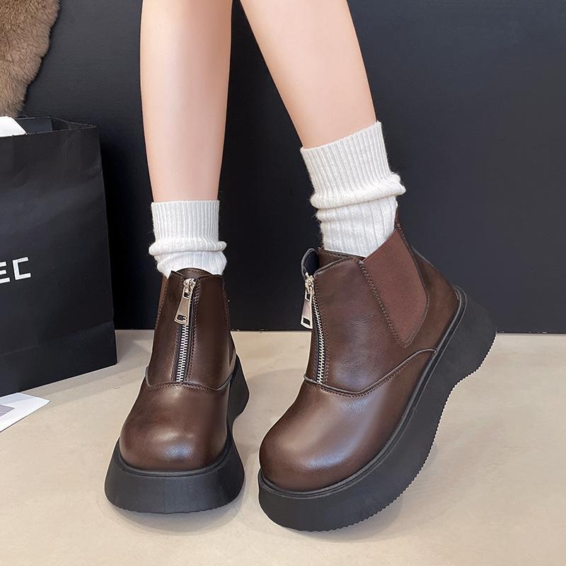 Thick-soled Martin boots women's autumn retro versatile Chelsea short boots zipper heightening thin boots