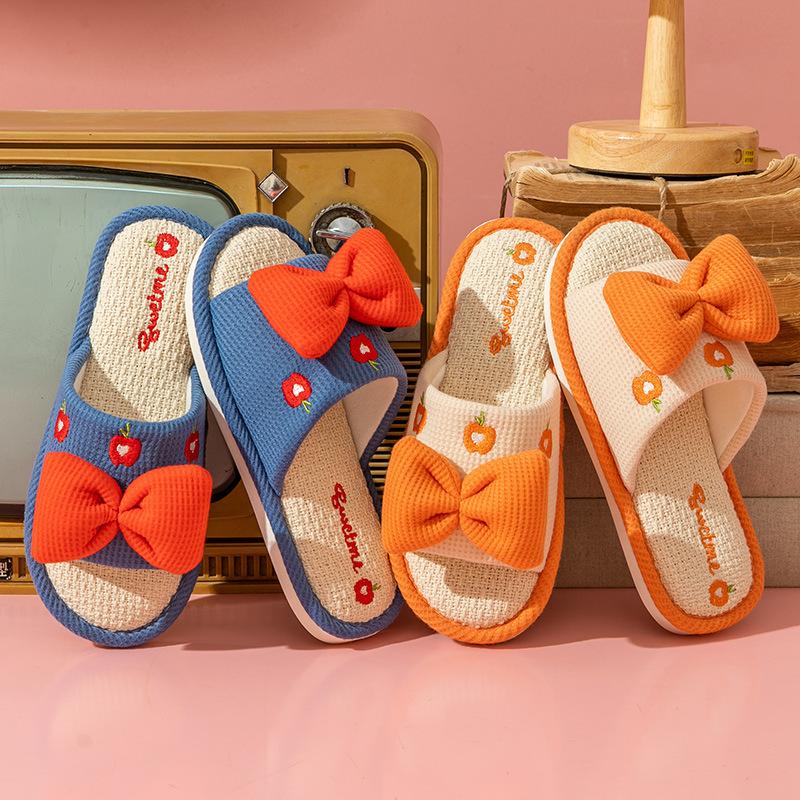 Søte bomullstøfler i lin for kvinner til innendørs og husholdningsbruk, tregulv, sklisikre og slitesterke bomulls- og lintøfler