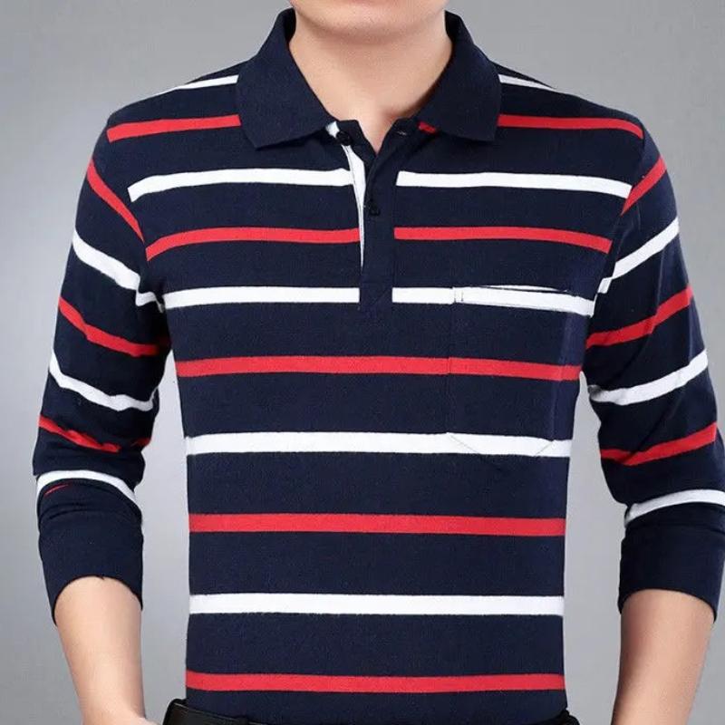 Camisas polo listradas masculinas da moda, novas camisas polo coreanas para negócios, primavera/outono, casuais, manga comprida, bolsos na lapela, roupas masculinas, tops de algodão, 2025