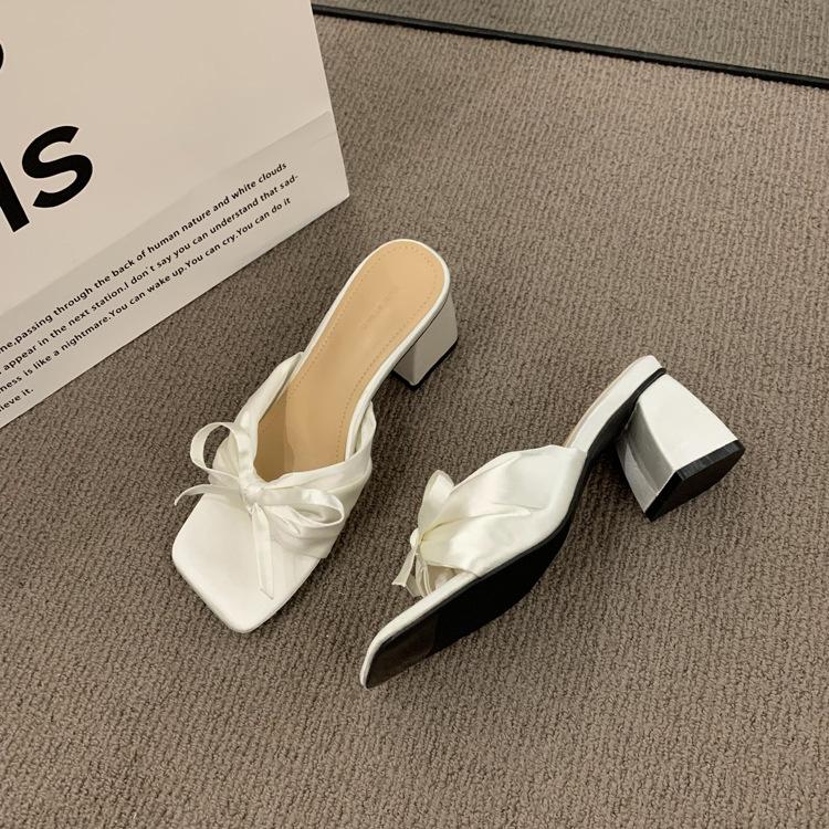 

Exquisite Bowknot Decoration Slippers Solid Color Peep Toe Women s Chunky Heel Shoes Minimal Versatile Ladies Sandals 40 білий