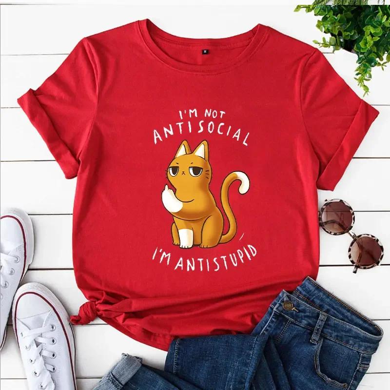 Lässige T-Shirts Damen Ich bin nicht asozial Ich bin antidumm Ästhetischer Trend Sommer Damenkleidung T-Shirt Oberteile Unisex Katze Cartoon T-Shirt