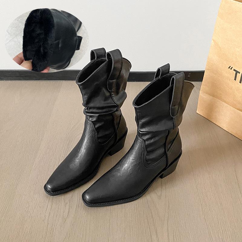 [Seasonal Clearance] Western Cowboy Boots Pointed Head Medium Tube Coarse Heel Knight Boots Sleeves High Heel Pile Short Boots Children