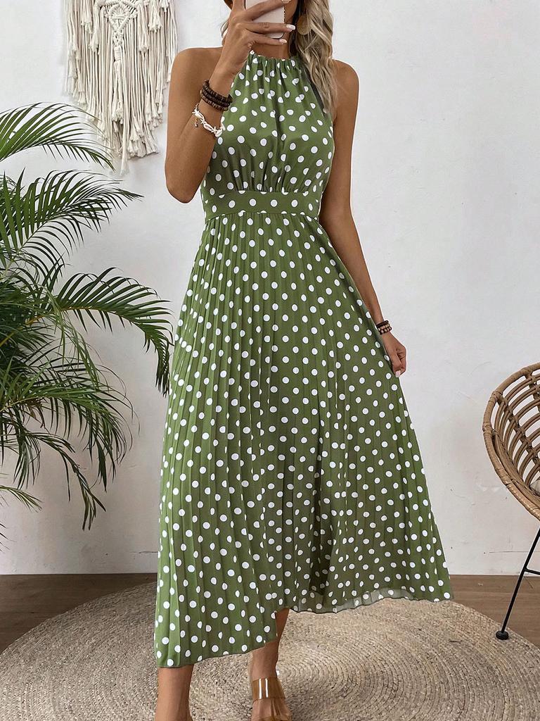 European and American Women's Clothing Spring and Summer Fashion Printing Polka Dot Round Neck Long Dress Women's Dress