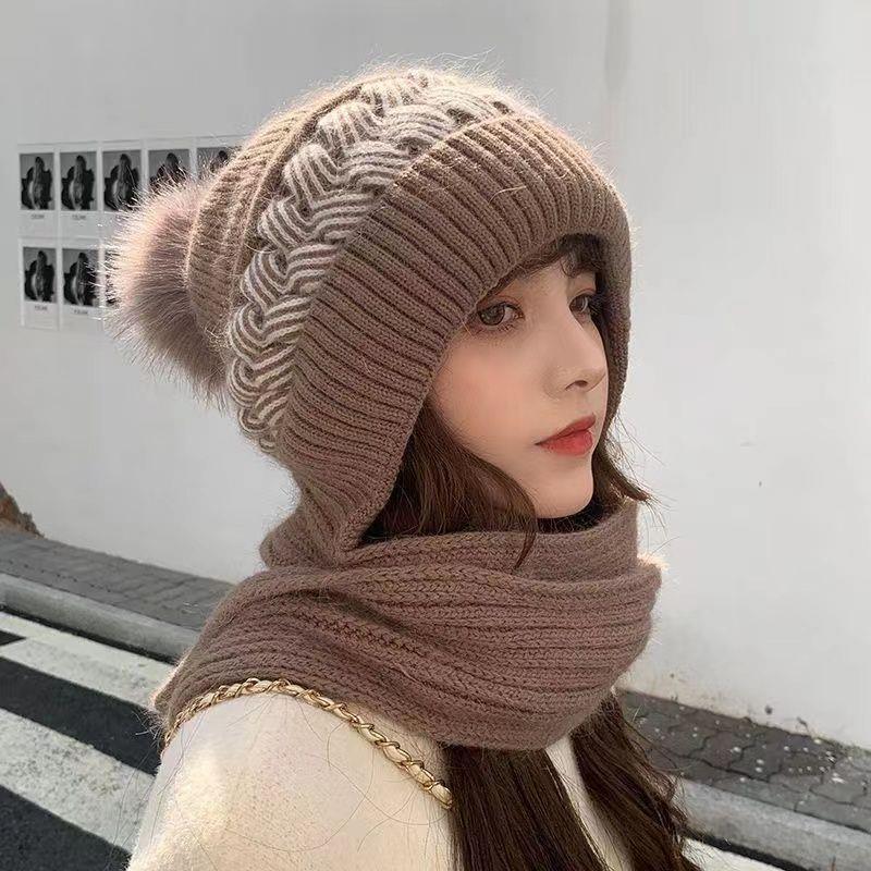 Women's Korean-Style Velvet Knit Hat & Scarf Set - Warm, Versatile, with Ear Protection for Autumn and Winter.