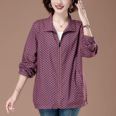 Polka Dot Stand Collar Plus Size Jacket for Women - Stylish Spring/Autumn Trench Coat for Middle-Aged Moms