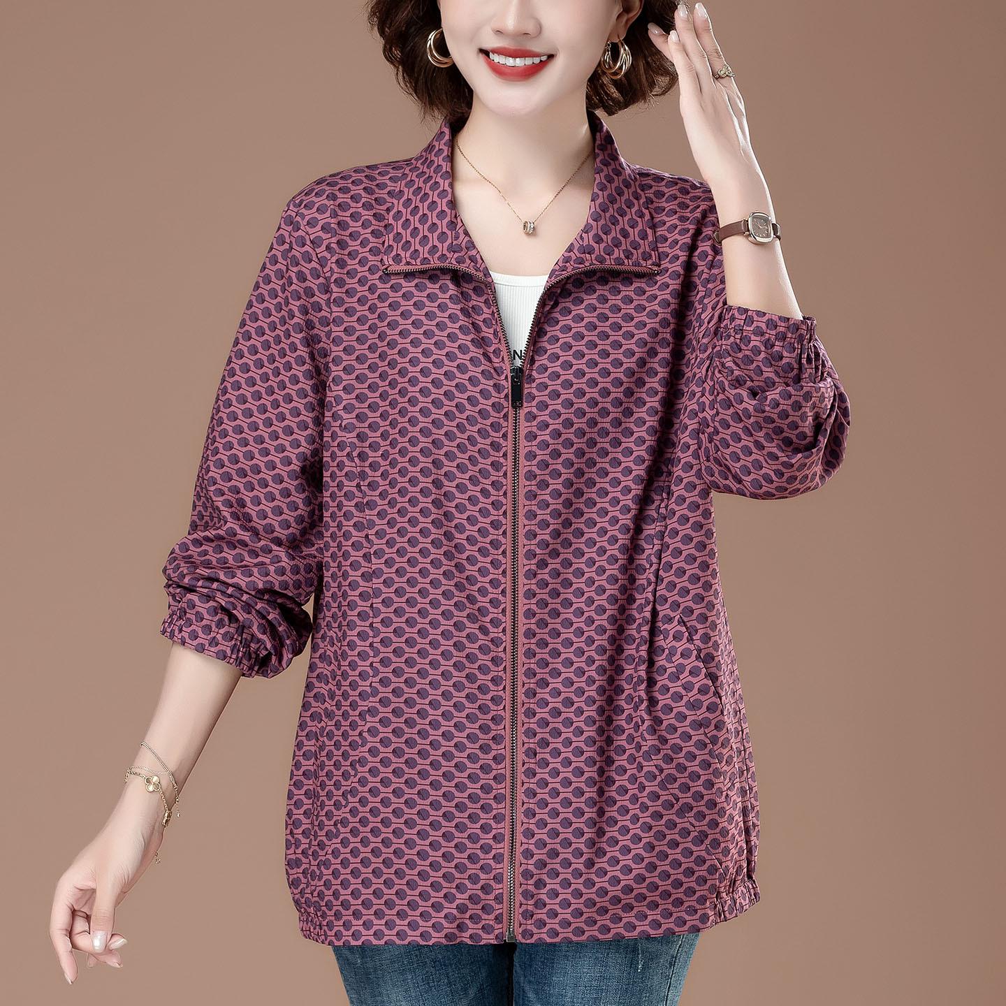 

Polka Dot Stand Collar Plus Size Jacket for Women - Stylish Spring/Autumn Trench Coat for Middle-Aged Moms L (100-119 lbs)