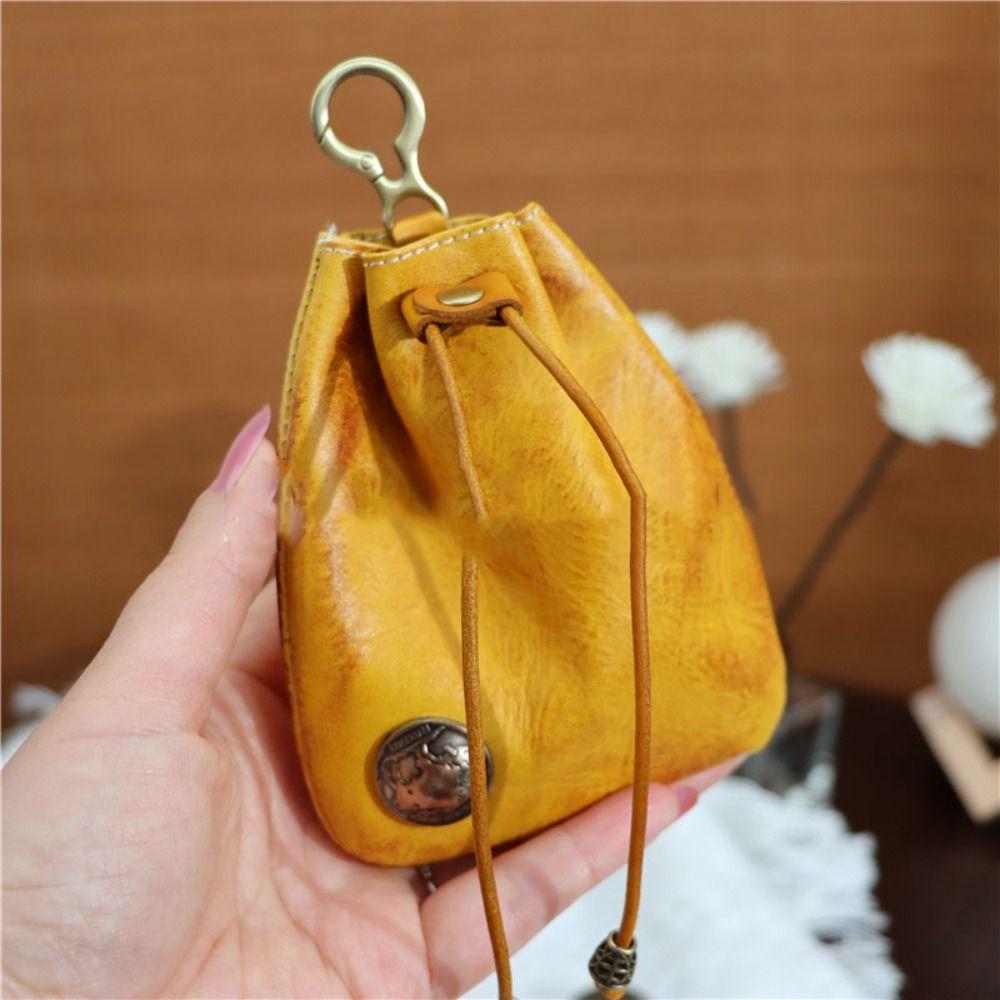

Retro Genuine Leather Coin Purse Pouch Drawstring Wallets Car Key Bag Simple Hanging Bag