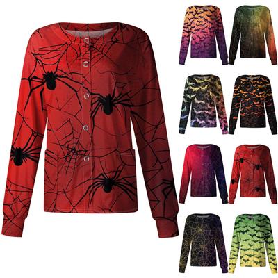 Damski swobodny długi rękaw jednorzędowy Halloween nadrukowany kardigan ubrania top ubrania mundury
