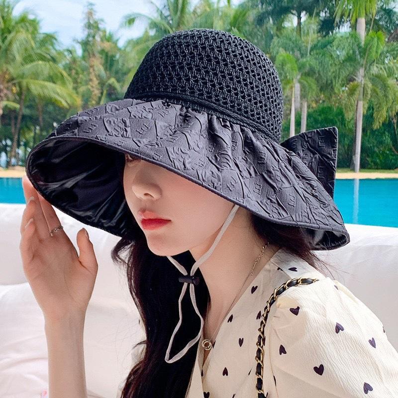 New Vinyl Bow Sun Hat Women's Hollow Straw Hat UV Protection Big Eaves Face Protection Sun Protection Hat Bucket Hat