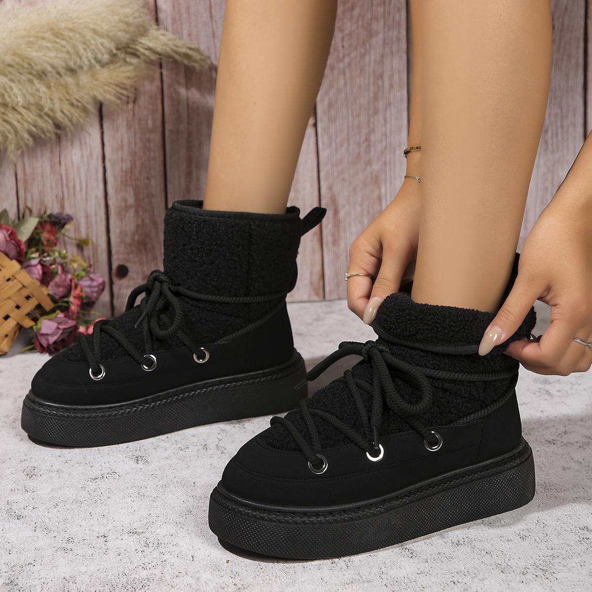 

2024 новые зимние ботильоны с круглым носком, толстым дном, со шнуровкой спереди, модные повседневные короткие теплые хлопковые туфли для снега, женские ботинки 36 чёрный