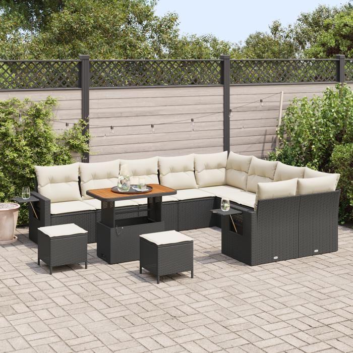 Set de Canapé de Jardin de 12 pièces vidaXL avec Coussins Noir Poly Rattan Acacia, Set de Salle à Manger de Jardin de 3 3363735