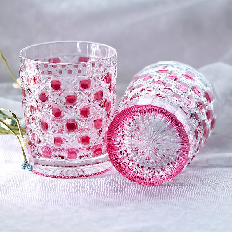 Handmade Luxury Gold Pink Edo Kiriko Whisky Tumbler Japanese Style Rocks Glass For Scotch Bourbon Old Fashioned