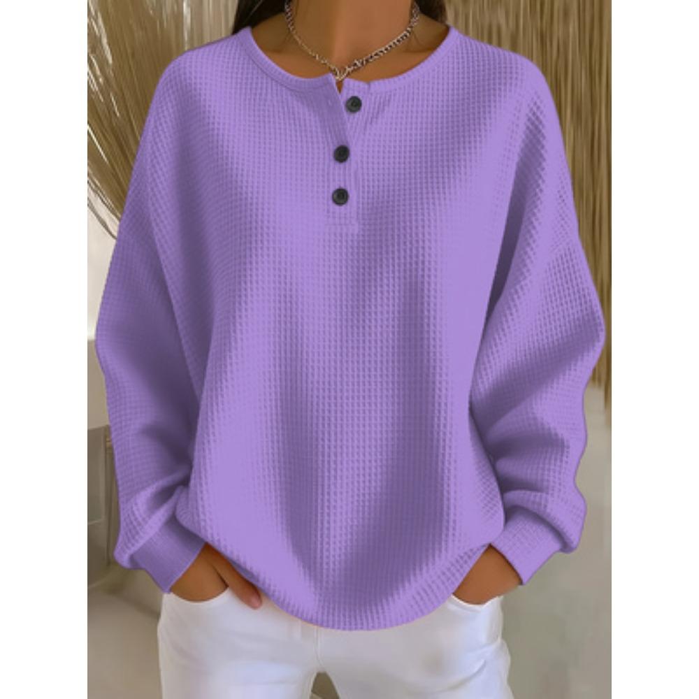 Plus Size Women Waffle Knit Long Sleeve Top, Solid Color Henley Neck Button Loose Pullover, Ladies Casual Daily