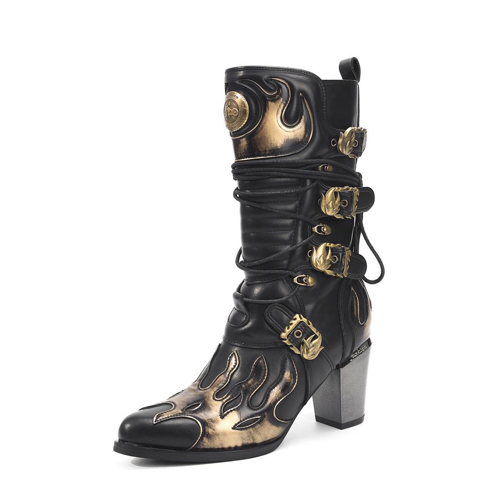 Women's High Heels Boots Fashion Retro Thick Heel Western Denim Women Boots Cool Rivet Pointed Tip Knight Boots Botas Para Mujer