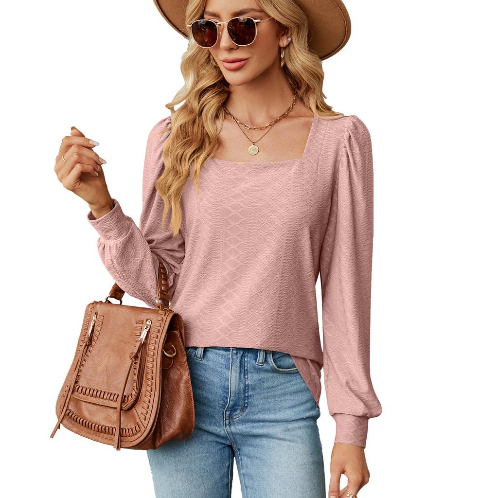 2024 European And American Autumn/Winter New Solid Color Square Collar Jacquard Long Sleeve Loose T-Shirt Top For Women