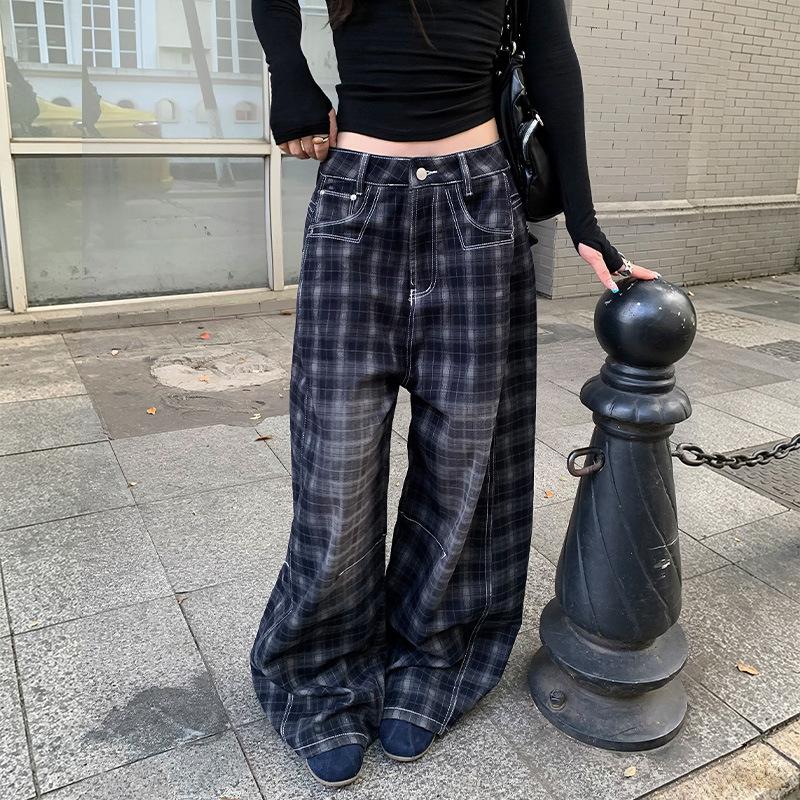 Retro American high street collision line design jeans women's autumn new Paris buckle loose versatile scimitar wide-leg pants