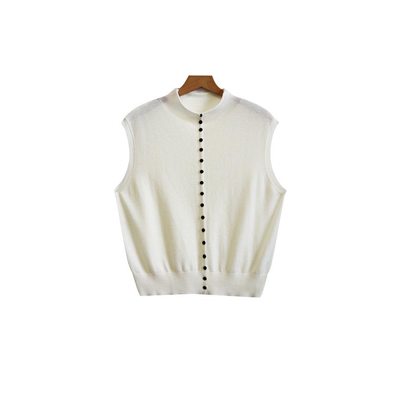 Elegant 100% Wool Sleeveless Knit Top for Women - Autumn/Winter Collection with Rolled Edge Stand Collar
