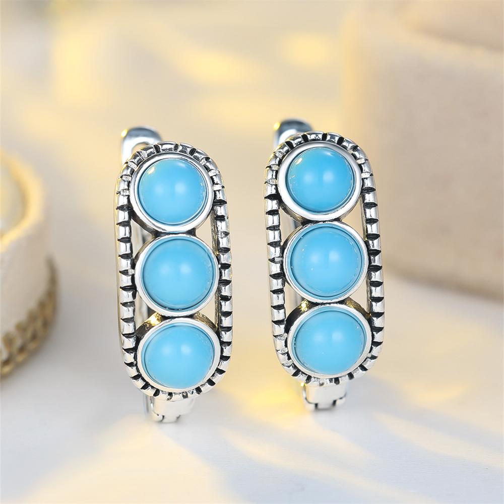 Simulated Turquoise Blue Round Stone Hoop Earrings For Women Vintage Gold Silver Color Ear Buckle Wedding Jewelry Valentine Gift