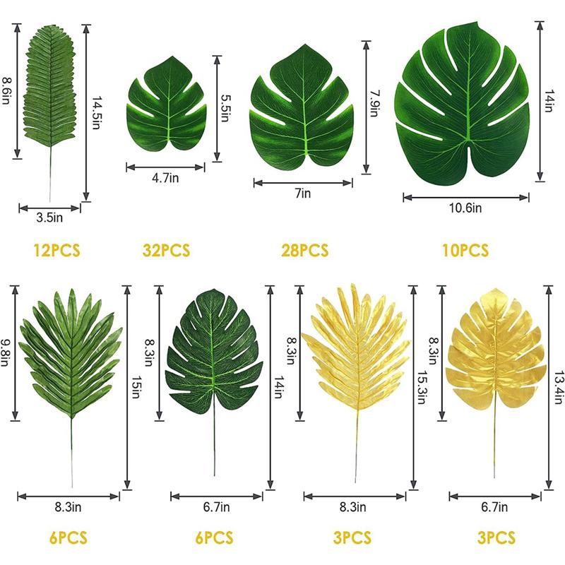 2026+ 100 Pcs Artificial Palm Leaves Tropical Leaves, Leaf Gold and Green Faux Leaves for Hawaiian Party Table Decoration