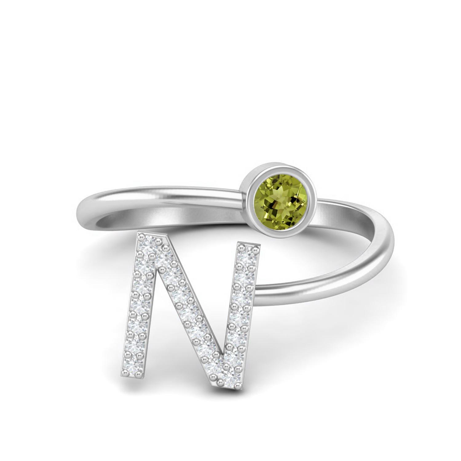Capital N Initial Letter 3MM Round Peridot 925 Sterling Silver Women Adjustable Wedding Ring 12