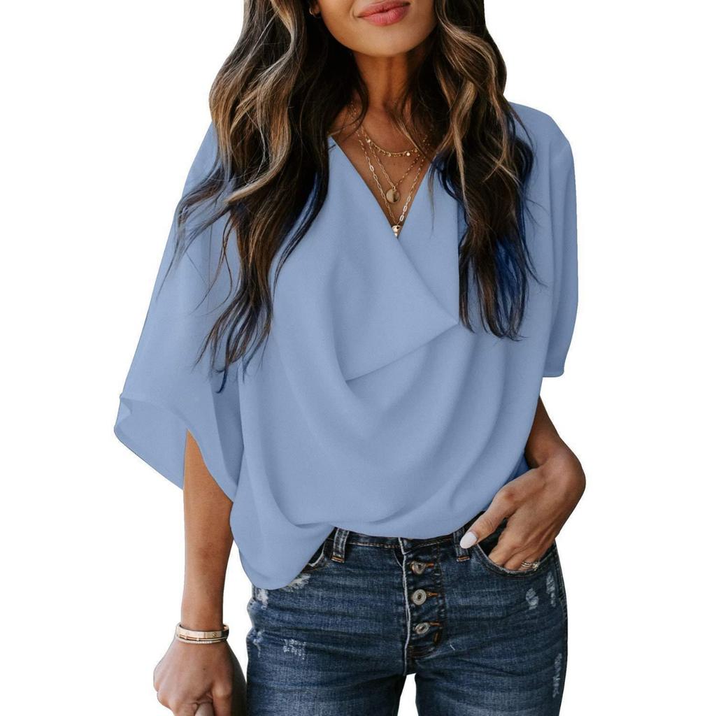 New Women's Casual Loose V-neck Chiffon Blouse Shirt T-shirt Top for Women European American Style