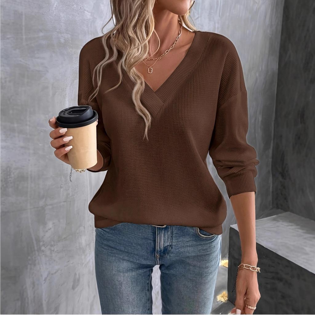 Nové podzimní dámské oblečení Jednobarevné módní tričko s dlouhým rukávem a výstřihem do V